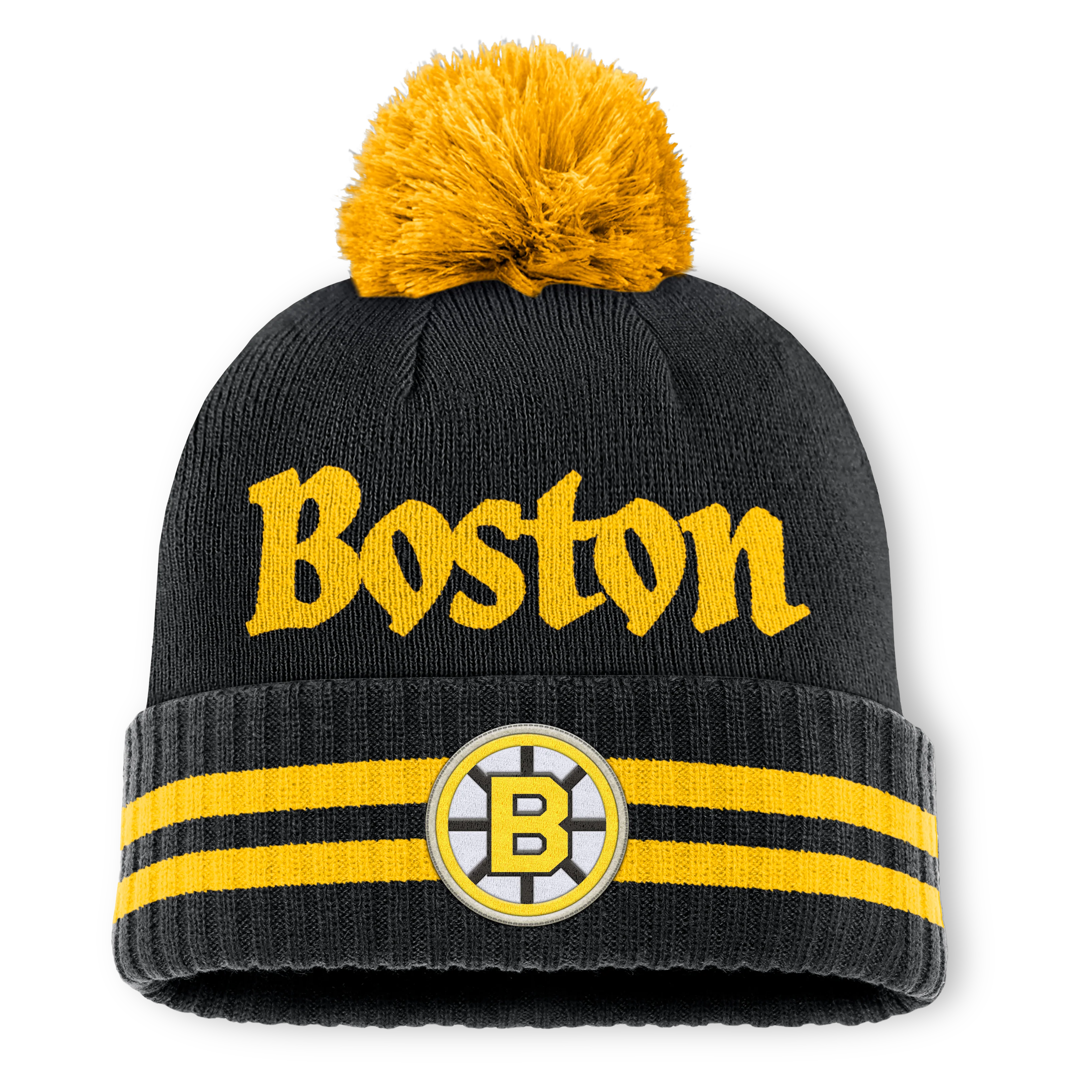 Boston Bruins Fanatics Heritage Blind Side Cuff Knit Toque with Pom - Black/Yellow