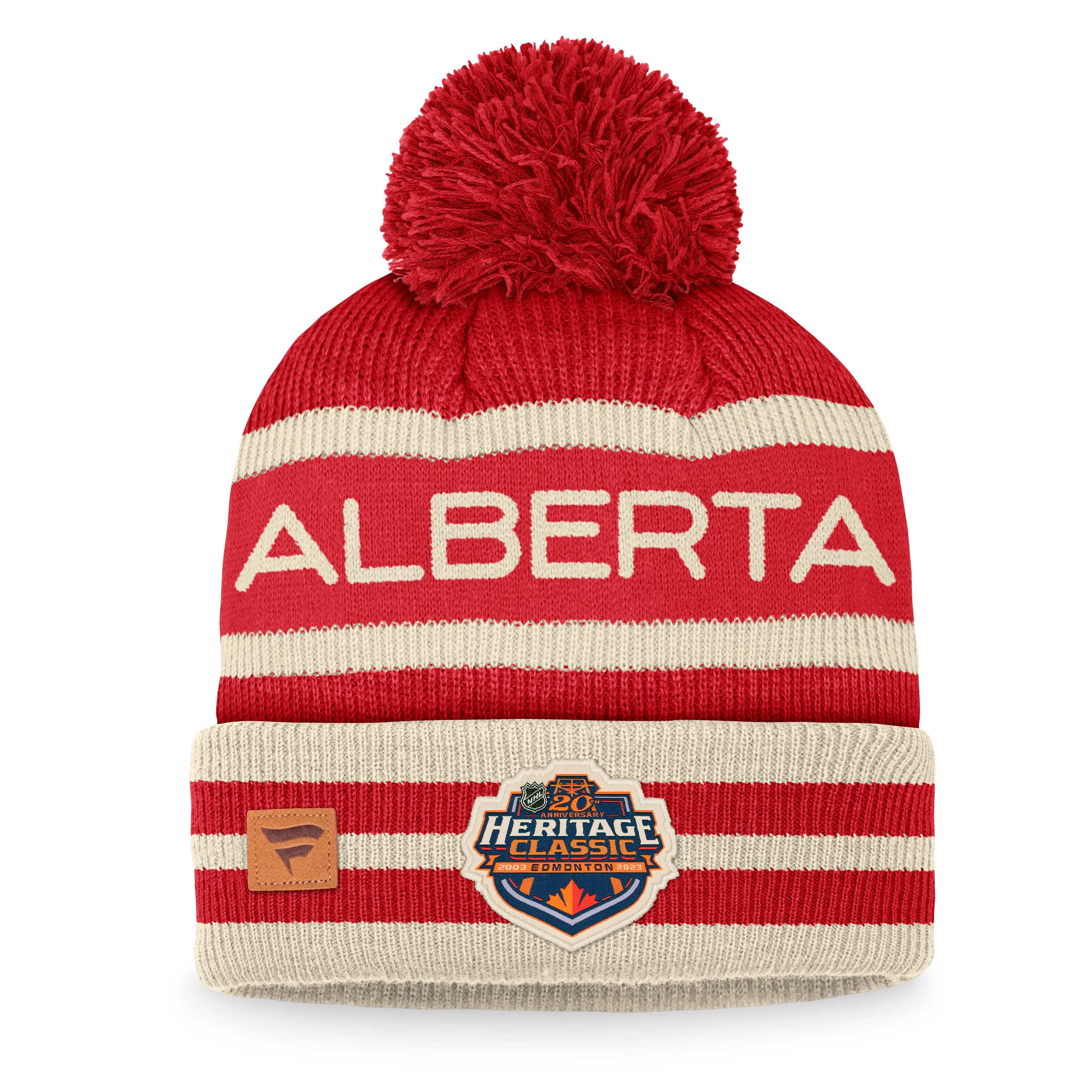 Calgary Flames Fanatics Branded Cream-Red 2023 NHL Heritage Classic Cuffed Pom Knit Hat - Image 2
