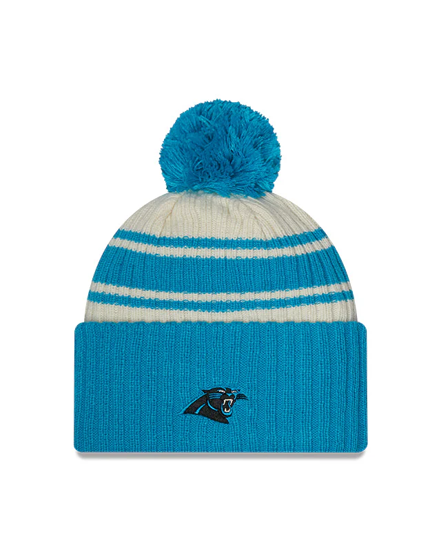 Carolina Panthers New Era 2022 Sideline - Sport Cuffed Pom Knit Hat - Cream/Blue - Image 2