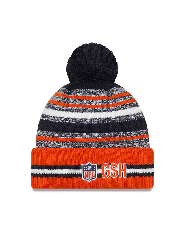 Chicago Bears B Logo New Era 2021 NFL Sideline - Sport Official Pom Cuffed Knit Hat - Orange/Navy - Image 2