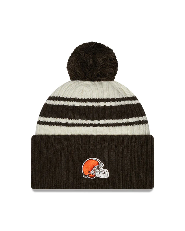Cleveland Browns New Era 2022 Sideline - Sport Cuffed Pom Knit Hat - Cream/Brown - Image 2