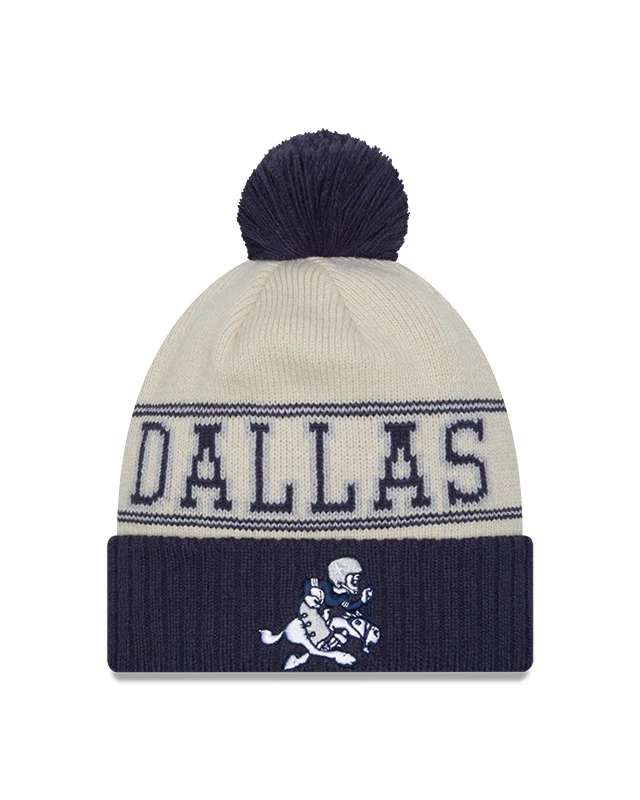 Dallas Cowboys New Era 2023 Sideline Historic Pom Cuffed Knit Hat - Cream/Navy