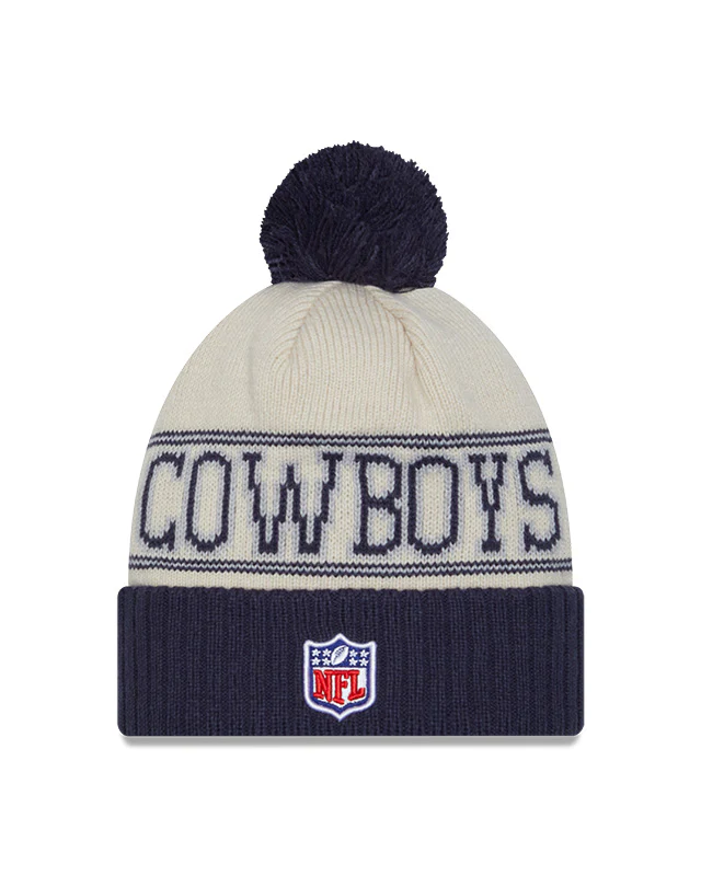 Dallas Cowboys New Era 2023 Sideline Historic Pom Cuffed Knit Hat - Cream/Navy - Image 2