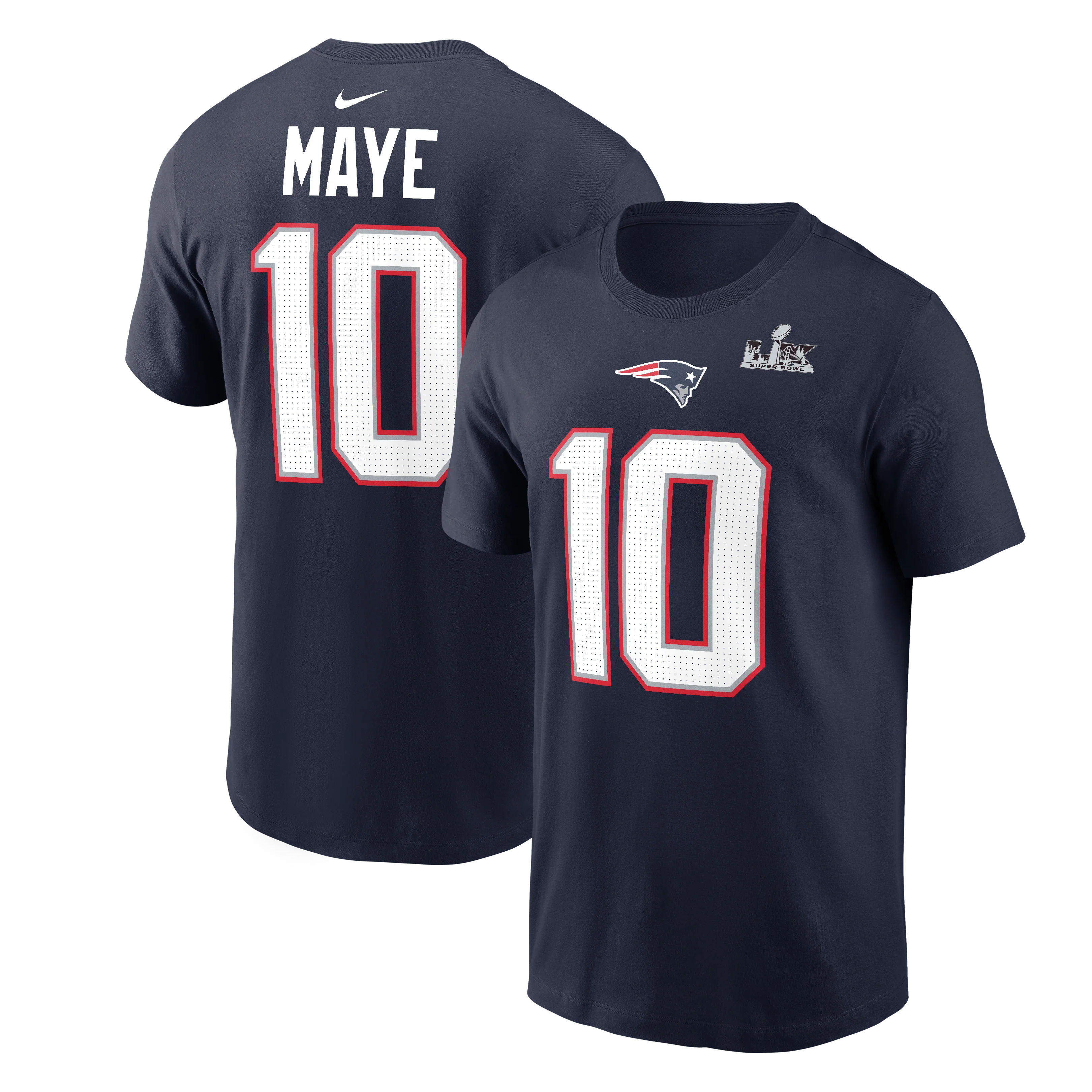 Drake Maye #10 New England Patriots Nike Super Bowl Bound - Name & Number Navy T-Shirt