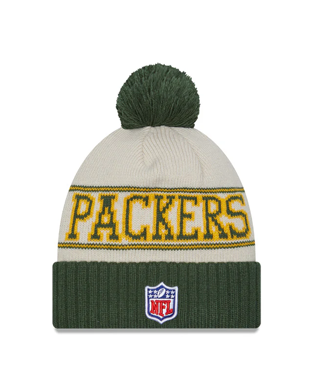 Green Bay Packers New Era 2023 Sideline Historic Pom Cuffed Knit Hat - Cream/Green - Image 2