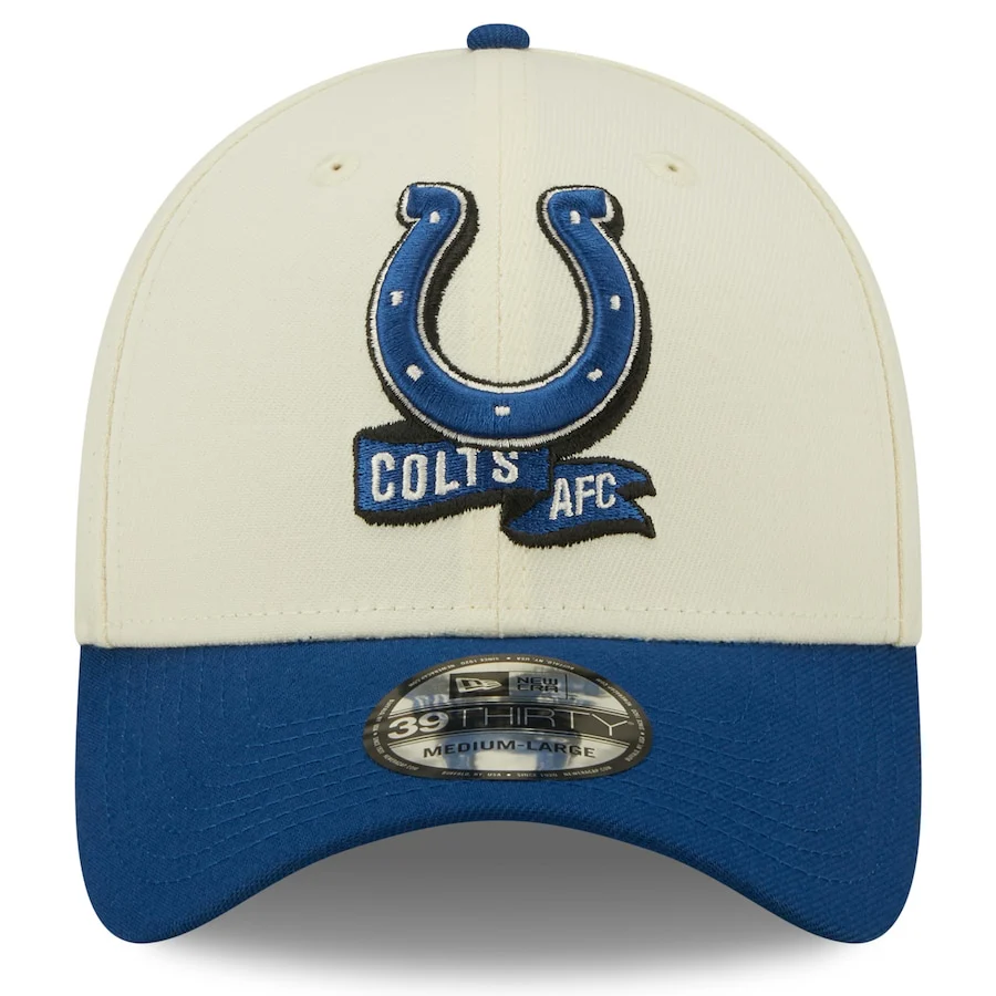 Indianapolis Colts 2022 Sideline New Era Cream/Royal - 39THIRTY 2-Tone Flex Hat