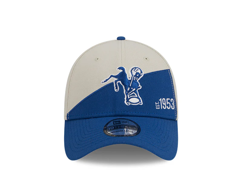 Indianapolis Colts New Era 2023 Historic Sideline 39THIRTY Flex Hat - Cream/Royal - Image 2