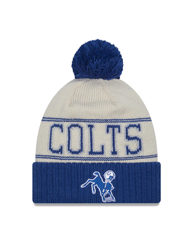 Indianapolis Colts New Era 2023 Sideline Historic Pom Cuffed Knit Hat - Cream/Royal