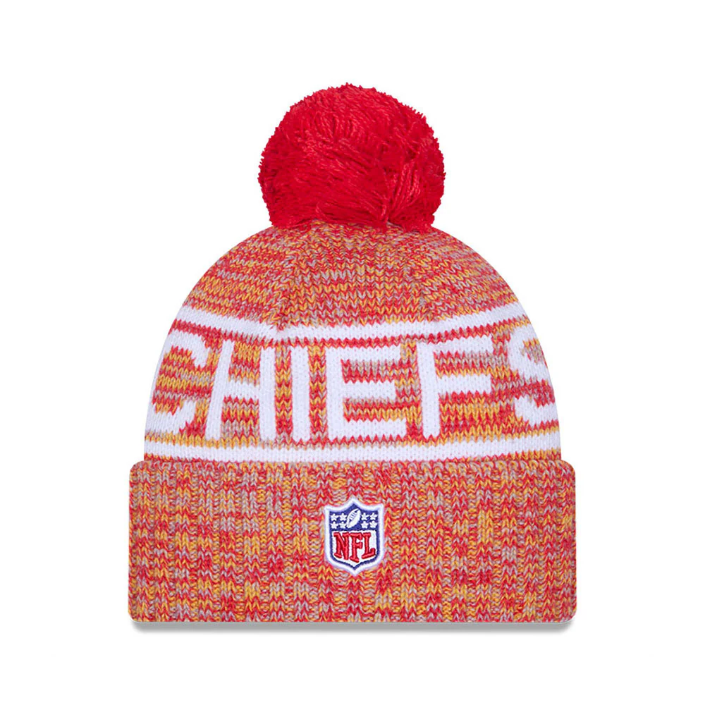 Kansas City Chiefs New Era 2025 Sideline Cold Weather Cuffed Knit Hat with Pom - Image 2