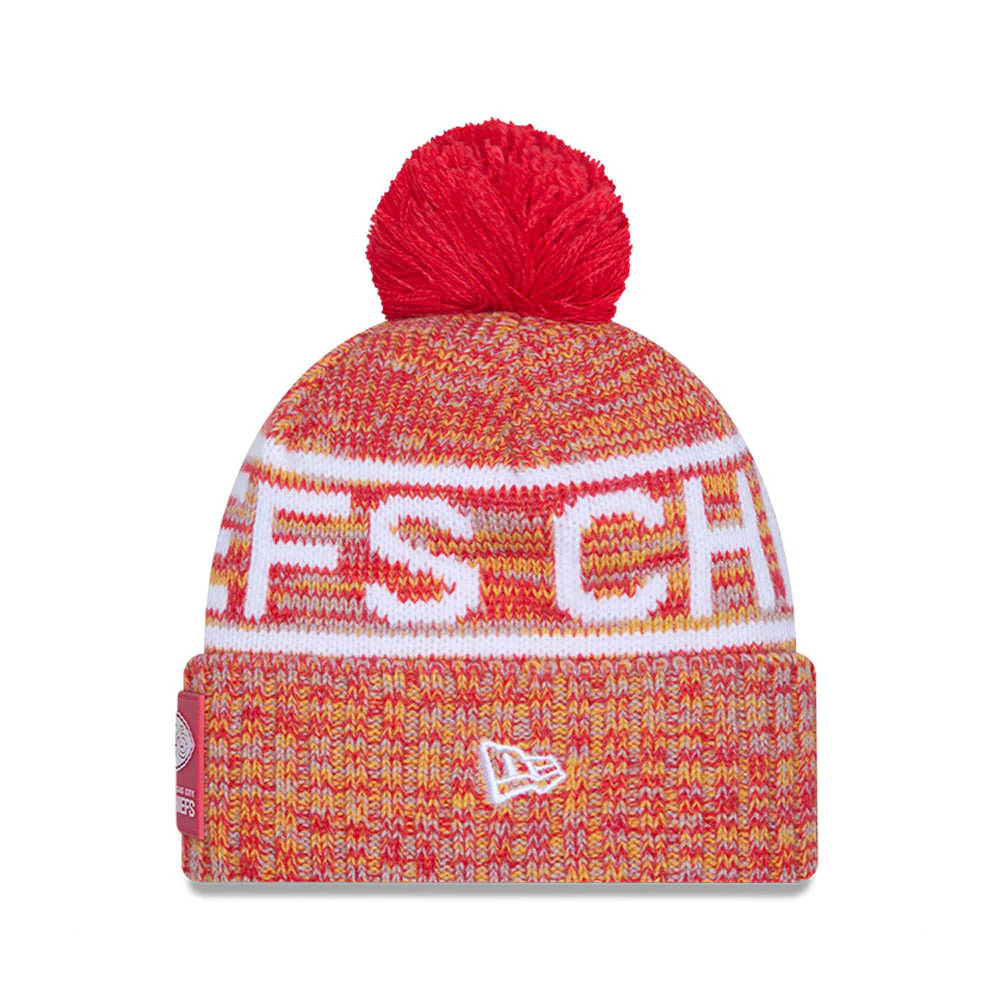 Kansas City Chiefs New Era 2025 Sideline Cold Weather Cuffed Knit Hat with Pom - Image 3