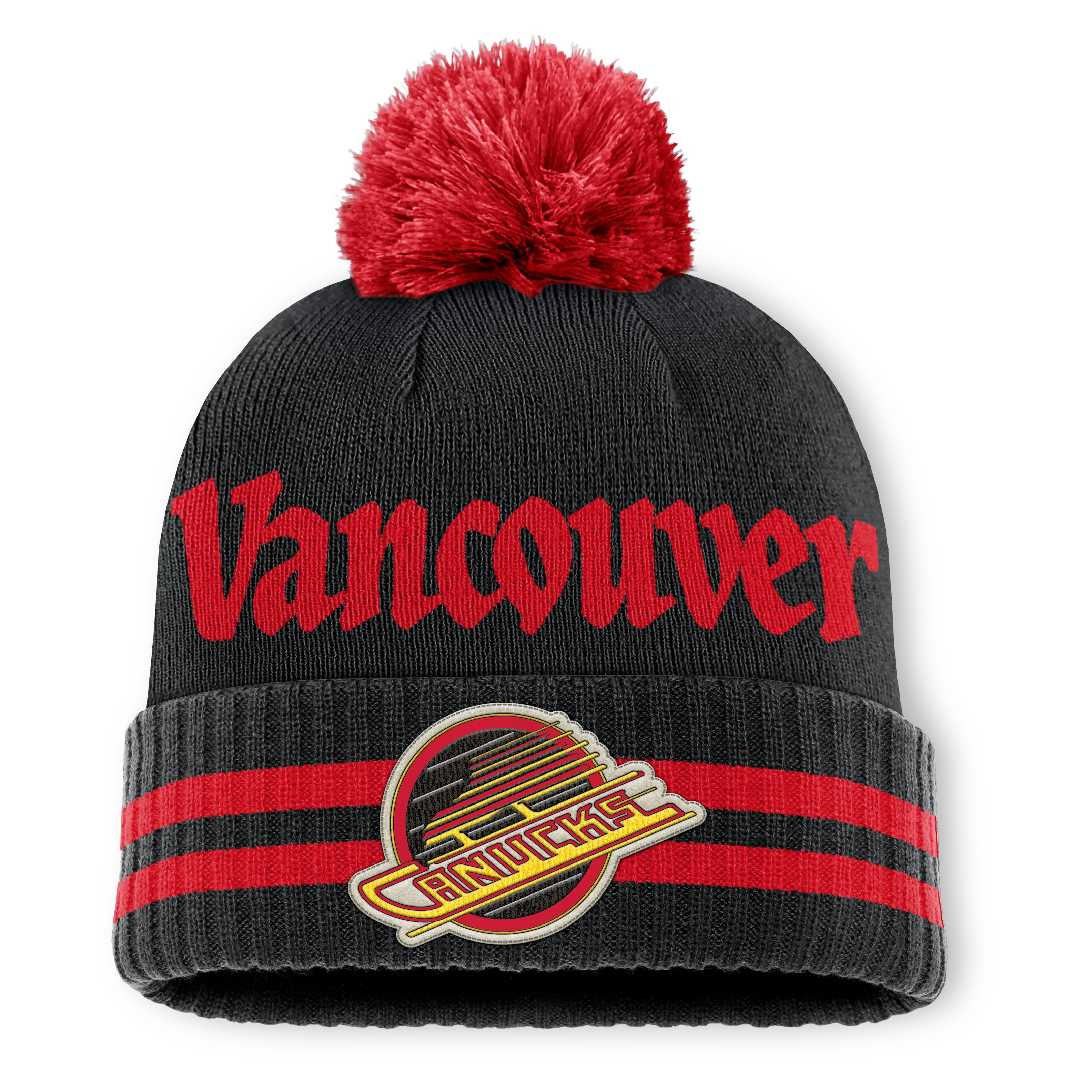 Vancouver Canucks Fanatics Heritage Blind Side Cuff Knit Toque with Pom - Black/Red
