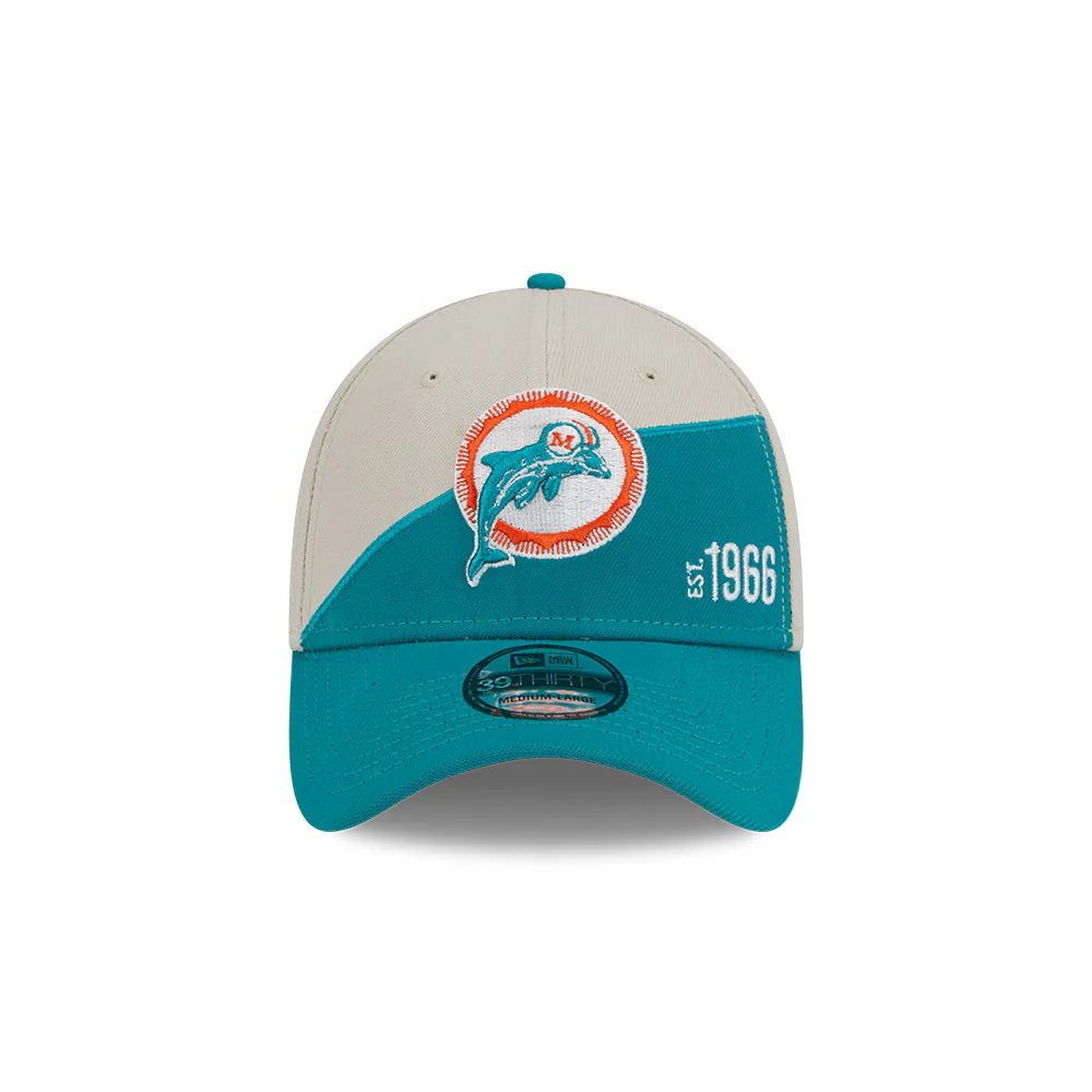 Miami Dolphins New Era 2023 Historic Sideline 39THIRTY Flex Hat - Cream/Teal - Image 2