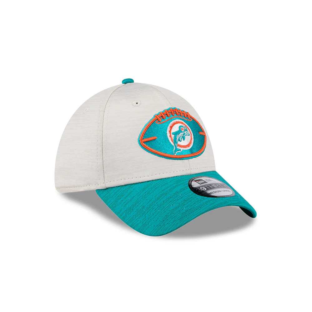 Miami Dolphins New Era 2024 Sideline Historic 39THIRTY Flex Hat - Stone / Turquoise - Image 2