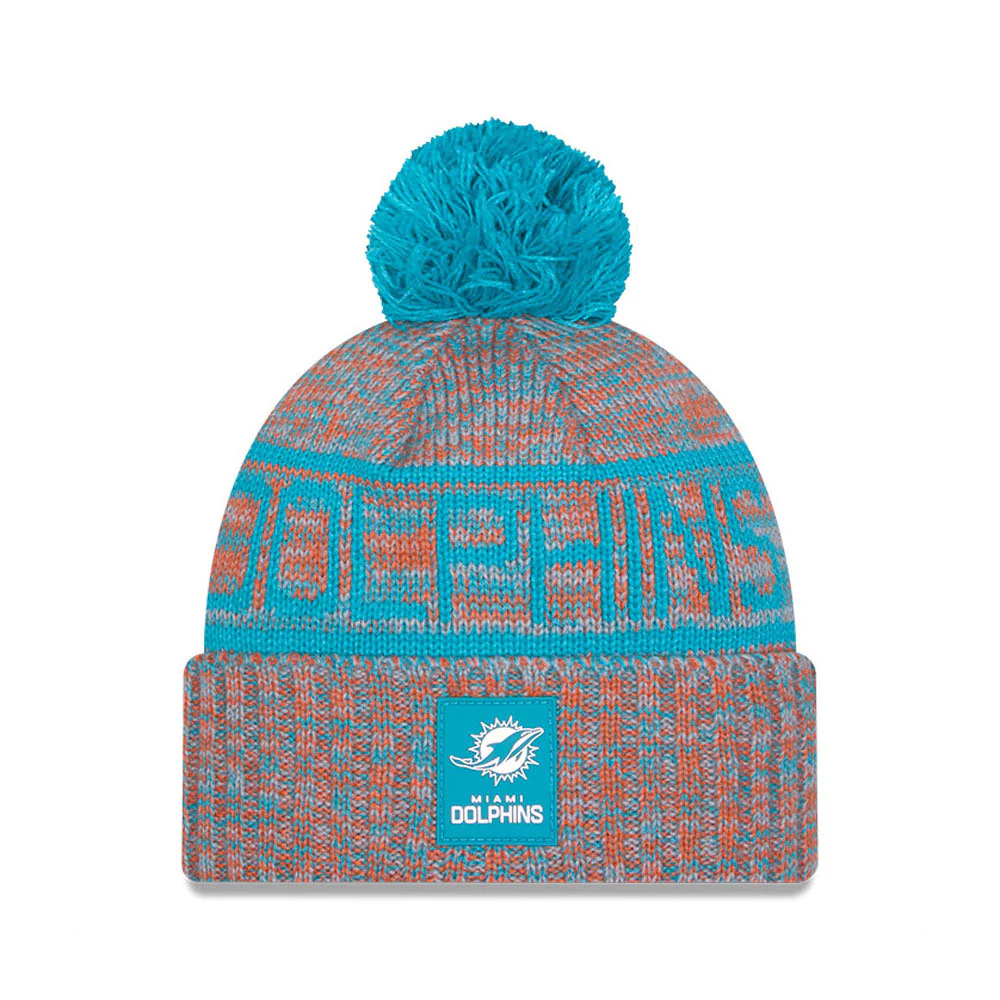 Miami Dolphins New Era 2025 Sideline Cold Weather Cuffed Knit Hat with Pom