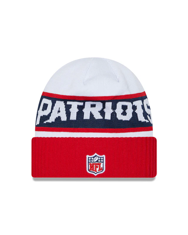 New England Patriots New Era 2023 Sideline Tech Cuffed Knit Hat - White/Red - Image 2