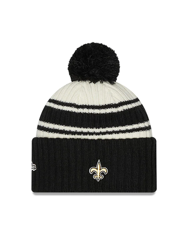New Orleans Saints New Era 2022 Sideline - Sport Cuffed Pom Knit Hat - Cream/Black - Image 2