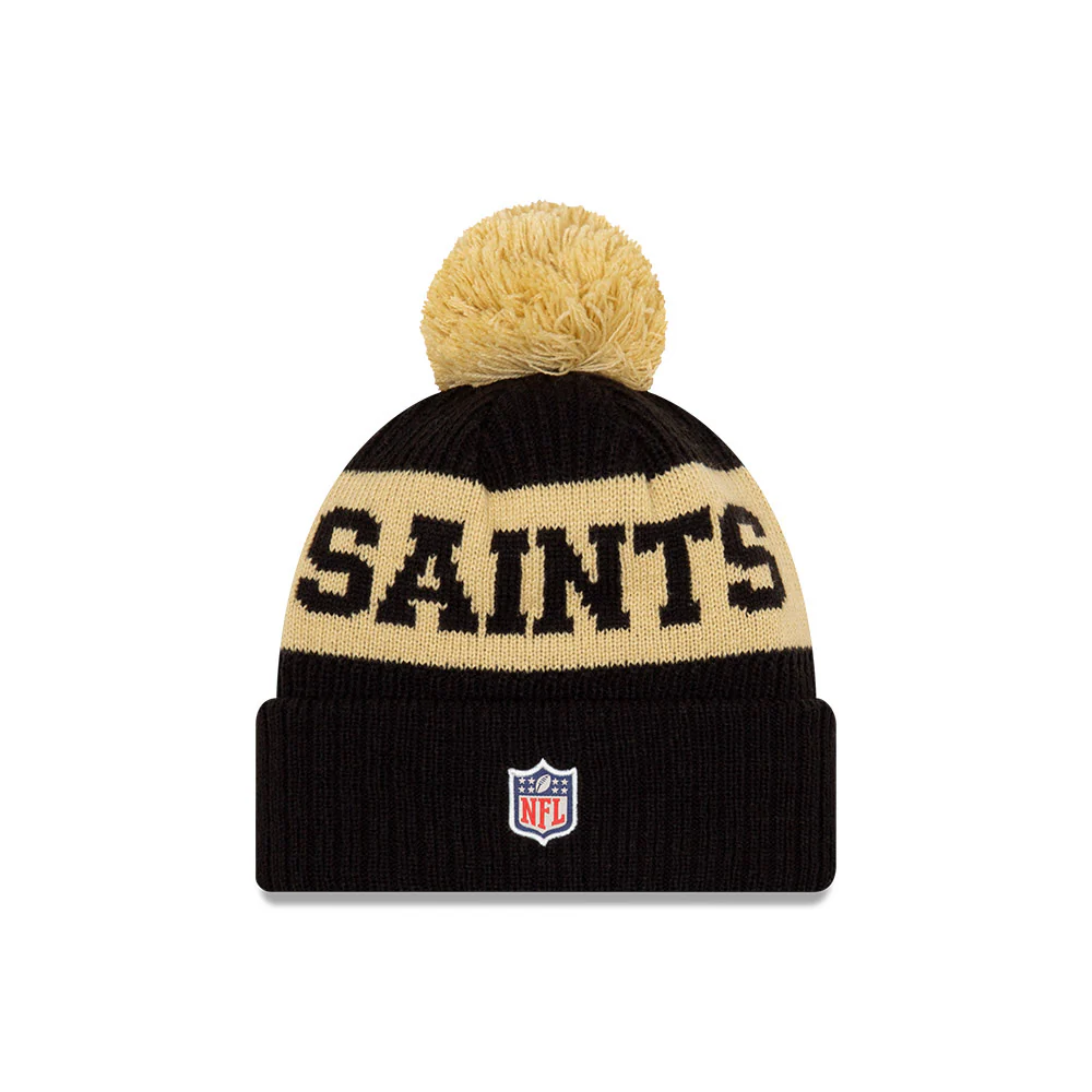 New Orleans Saints New Era Black/Gold 2020 NFL Sideline - Official Sport Pom Cuffed Knit Toque - Image 2