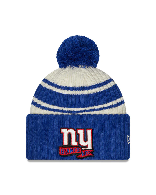 New York Giants New Era 2022 Sideline - Sport Cuffed Pom Knit Hat - Cream/Royal
