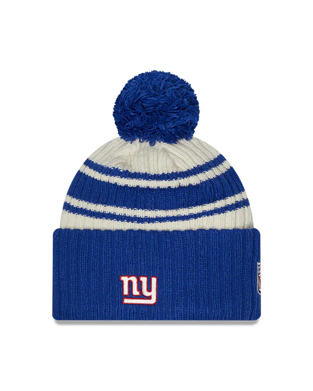 New York Giants New Era 2022 Sideline - Sport Cuffed Pom Knit Hat - Cream/Royal - Image 2