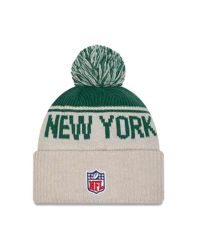 New York Jets 2024 New Era NFL Sideline Historic Cuffed Pom Knit - Cream - Image 2