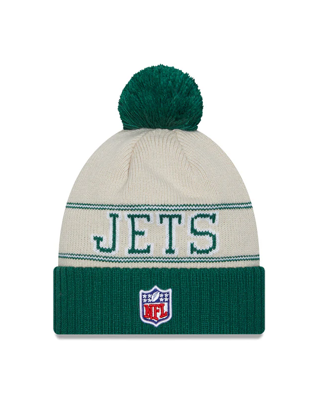New York Jets New Era 2023 Sideline Historic Pom Cuffed Knit Hat - Cream/Green - Image 2