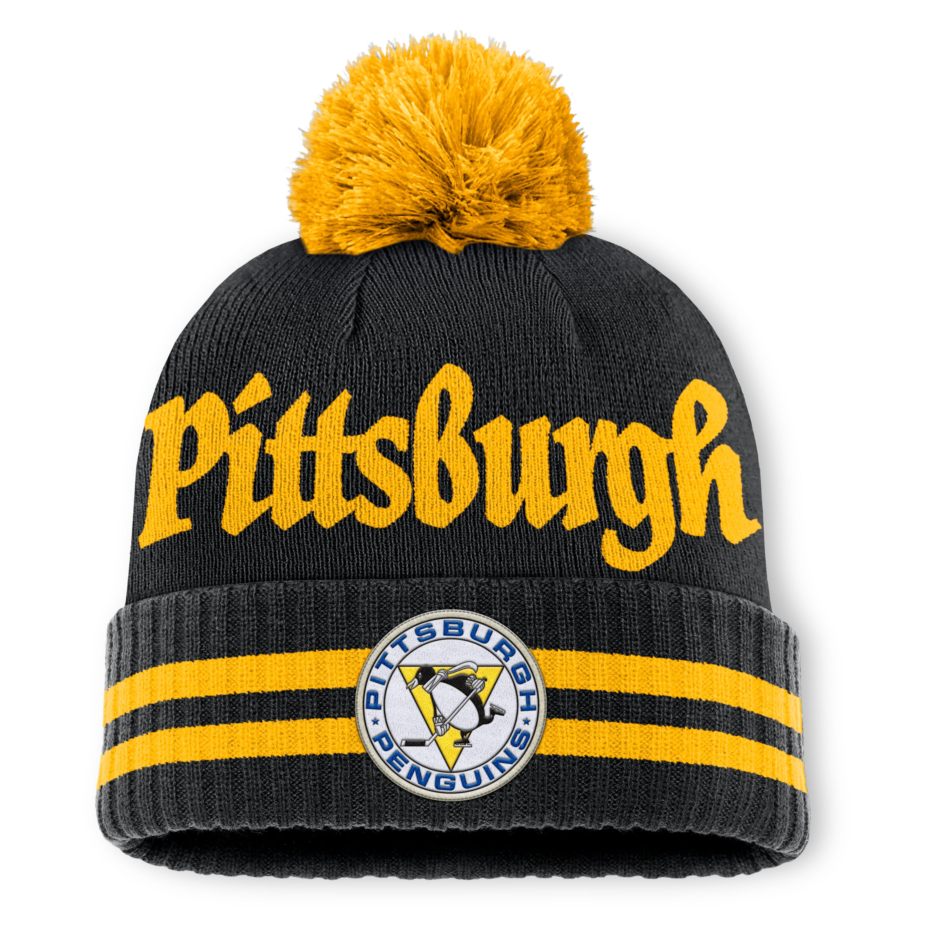 Pittsburgh Penguins Fanatics Heritage Blind Side Cuff Knit Toque with Pom - Black/Yellow