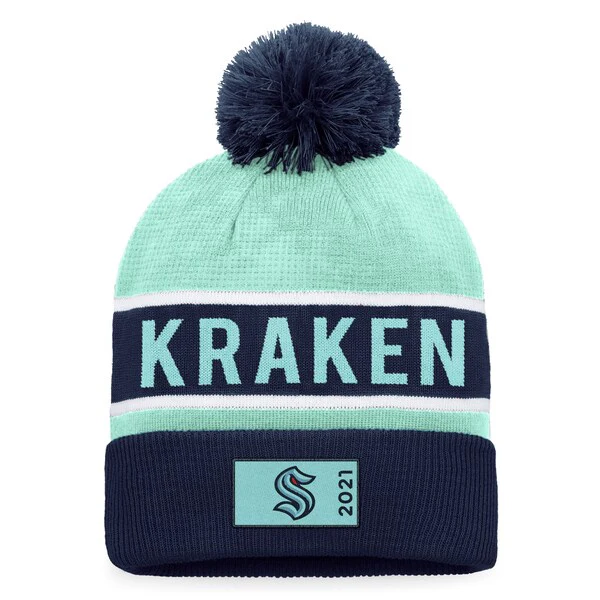 Seattle Kraken Fanatics Branded Deep Sea Blue/Light Blue 2022 NHL Draft - Authentic Pro Cuffed Knit Toque with Pom