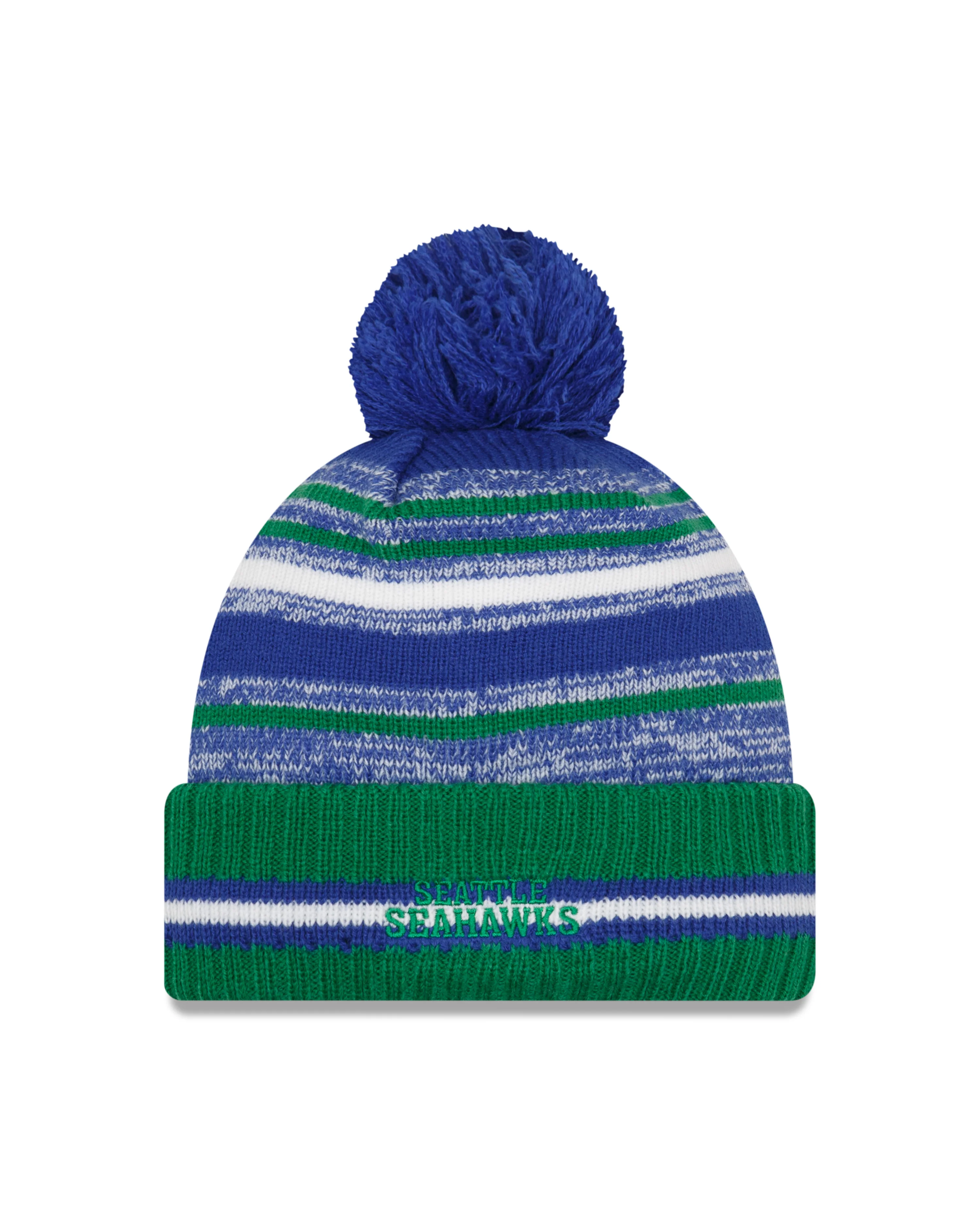 Seattle Seahawks Alt New Era 2021 NFL Sideline - Sport Official Pom Cuffed Knit Hat - Neon/Navy - Image 2