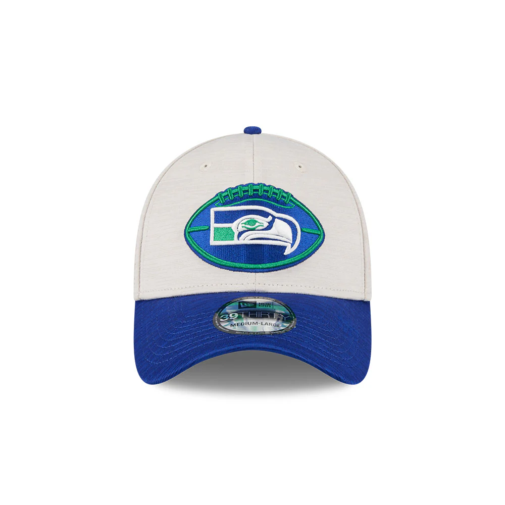 Seattle Seahawks New Era 2024 Sideline Historic 39THIRTY Flex Hat - Stone / Blue - Image 6