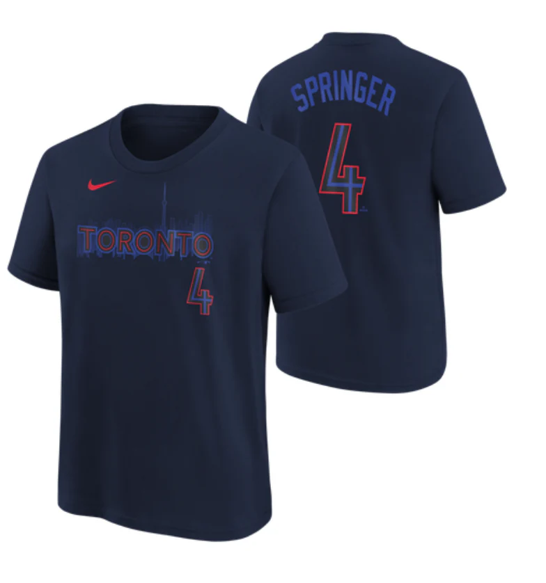 Toronto Blue Jays City Connect George Springer #4 Nike Midnight Blue Name and Number T-Shirt pop - Image 3