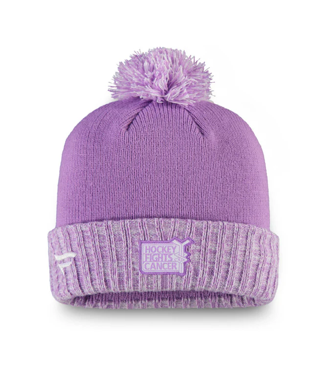 Toronto Maple Leafs 2020 Hockey Fights Cancer Fanatics Branded Heather Purple Cuffed Pom Knit Hat - Image 2
