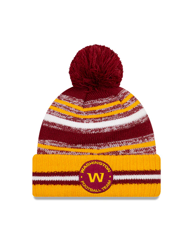 Washington W Football Team New Era 2021 NFL Sideline - Sport Official Pom Cuffed Knit Hat - Gold/Burgundy