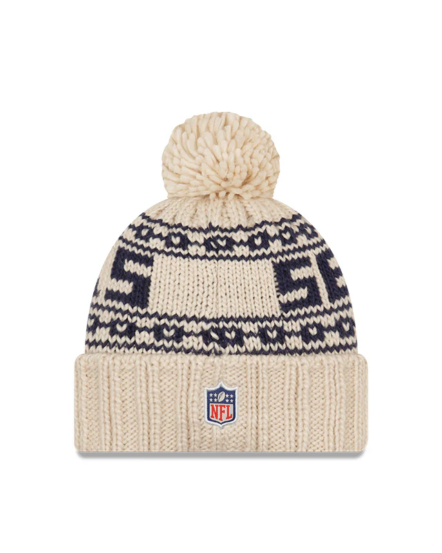 Women's Seattle Seahawks New Era 2021 NFL Sideline Pom Cuffed Knit Hat - Natural - Image 2