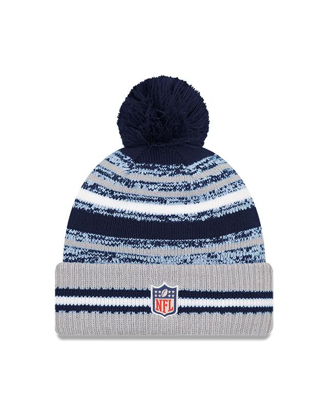Youth Dallas Cowboys New Era 2021 NFL Sideline - Sport Official Pom Cuffed Knit Hat - Navy/Gray - Image 2