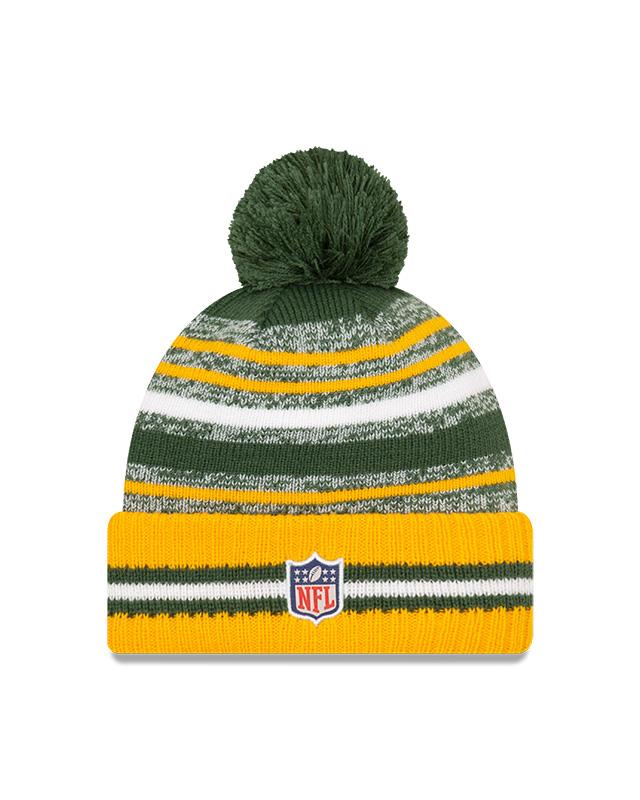 Youth Green Bay Packers New Era 2021 NFL Sideline - Sport Official Pom Cuffed Knit Hat - Yellow/Green - Image 2