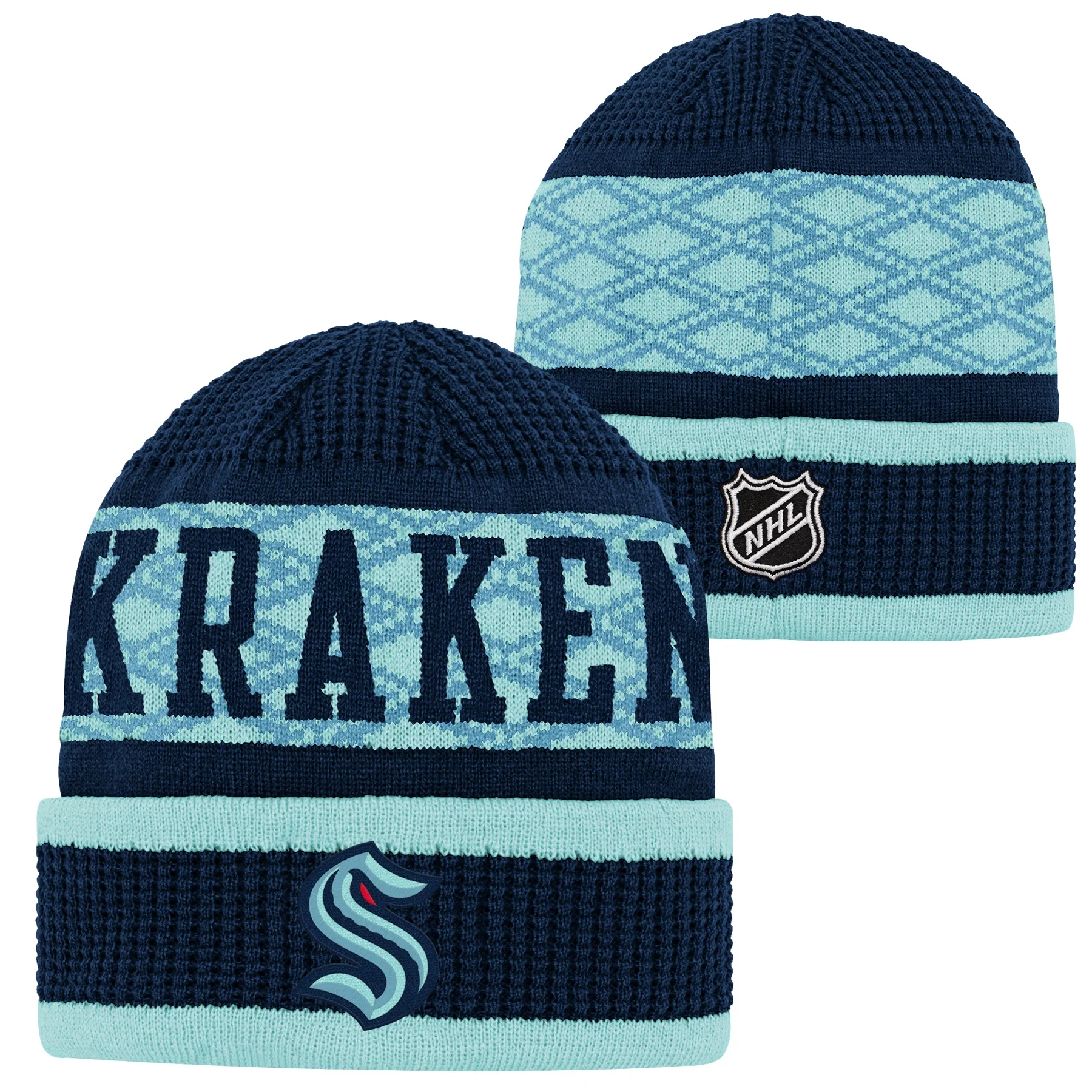 Youth Seattle Kraken NHL Puck Pattern Cuff Knit Toque - Image 2