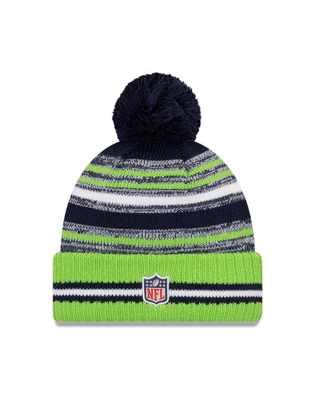 Youth Seattle Seahawks New Era 2021 NFL Sideline - Sport Official Pom Cuffed Knit Hat - Neon/Navy - Image 2